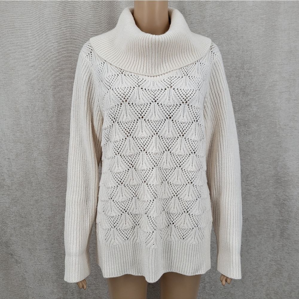 Liz Claiborne Winter White Metallic Knit Pointelle Wool Blend Cowl Neck Sweater